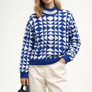 Vintage Delia McKain Blue & White Cowl-Neck Sweater with shoulder pads